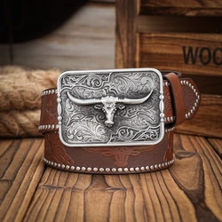 Men & Women-Western-Cowboy-PU Leather-Belts - Vintage horse Belt Floral Engraved Buckle Belt for Jeans