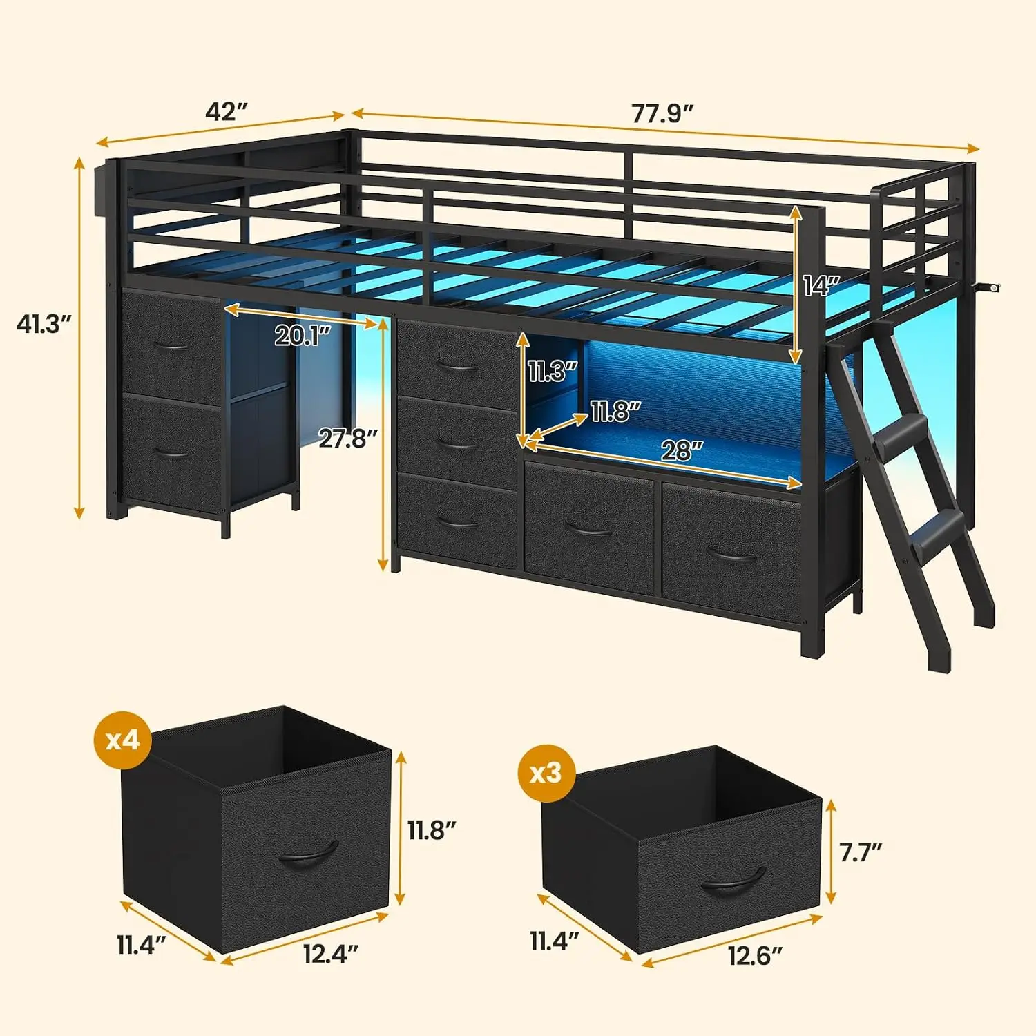 Kids Low Loft Bed Twin Size with 7 Drawers, Bookcase, LED Lights