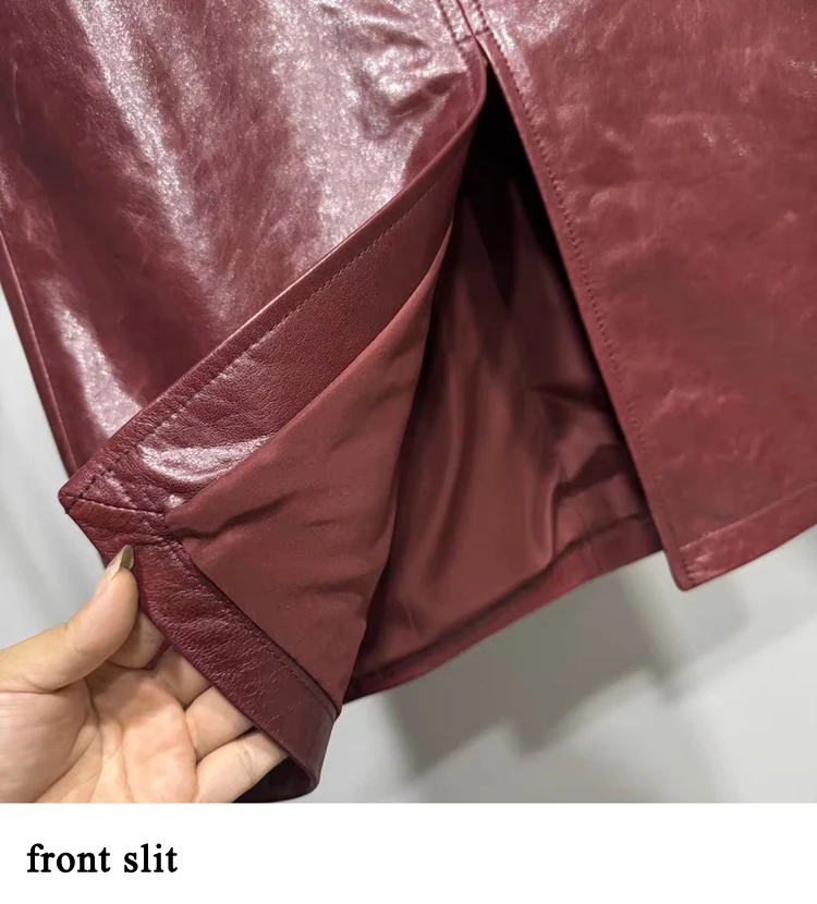 Saia de couro com fenda de cera de óleo para mulheres high street camada superior de pele de carneiro frente dividida envoltório jupe femme vermelho preto lápis midi saia