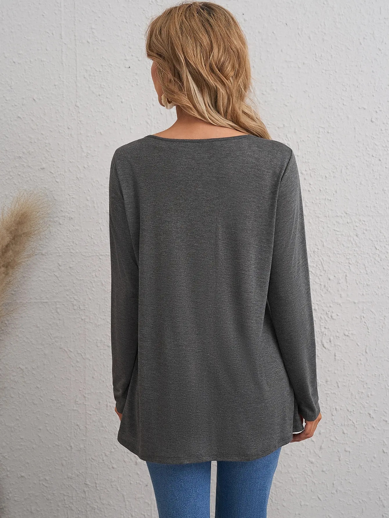 여성용 버튼 장식 스캘럽 밑단 긴 소매 캐주얼 티셔츠 가을 셔츠 겨울 탑 여성 탑