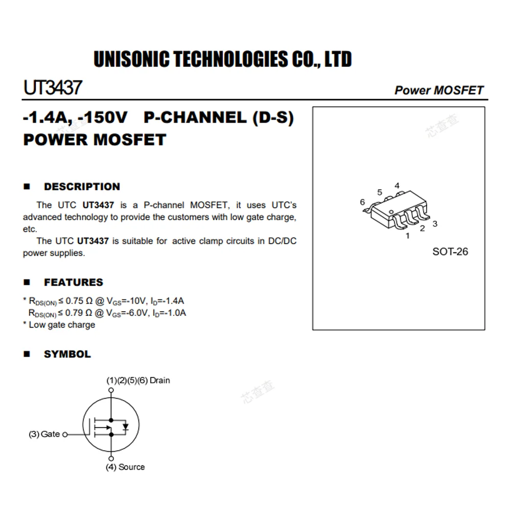 (100 pcs) UT3437G-AG6-R SOT-26 (Marking UT3437G-AG6-R) - P-Channel MOSFET -150V -1.4A 0.75Ω