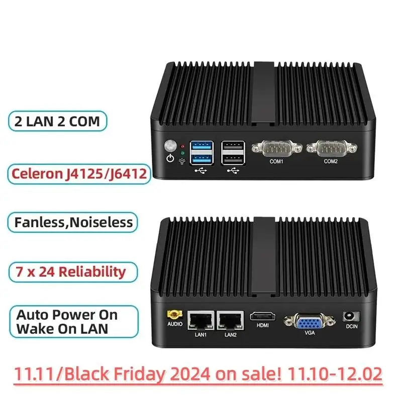 New! Fanless Industrial Mini j6412 j4125 i5 4200U 5200U Dual LAN RS232 Win10/11 Pro Linux Ubuntu WIFI Desktop Computer Home pc