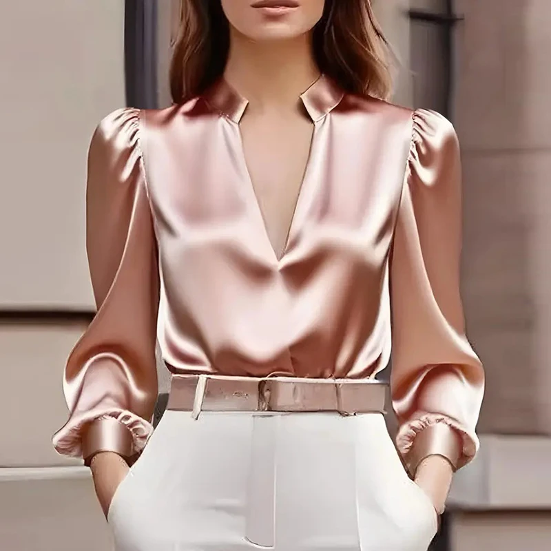 올 매치 V넥 긴팔 새틴 셔츠 및 블라우스 여성 패션 실크 셔츠 여성용 우아한 퍼프 셔츠 오피스 레이디 탑스
