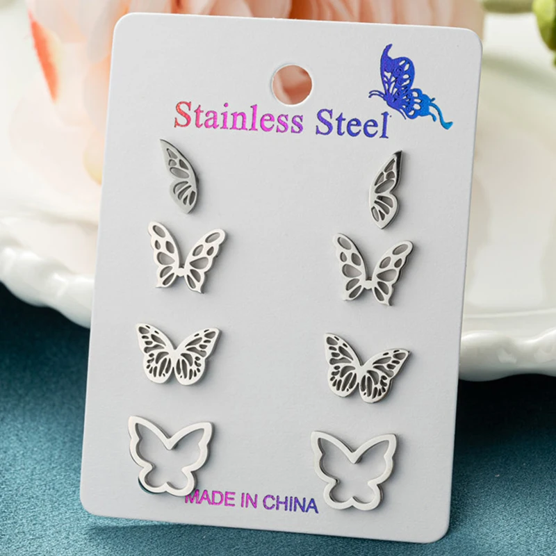 4Pairs/Lot Korean Butterfly Earings Black for Women Animal Stainless Steel Mini Stud Earrings Girls Engagement Jewelry Oorbellen