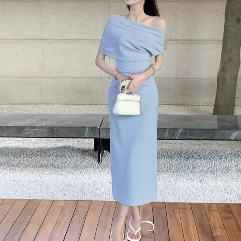 

New Solid Color Fashion Diagonal Collar Maxi Dress Women High Street Casual Slim Dresses Elegant Pleated Chic Vestidos XT538