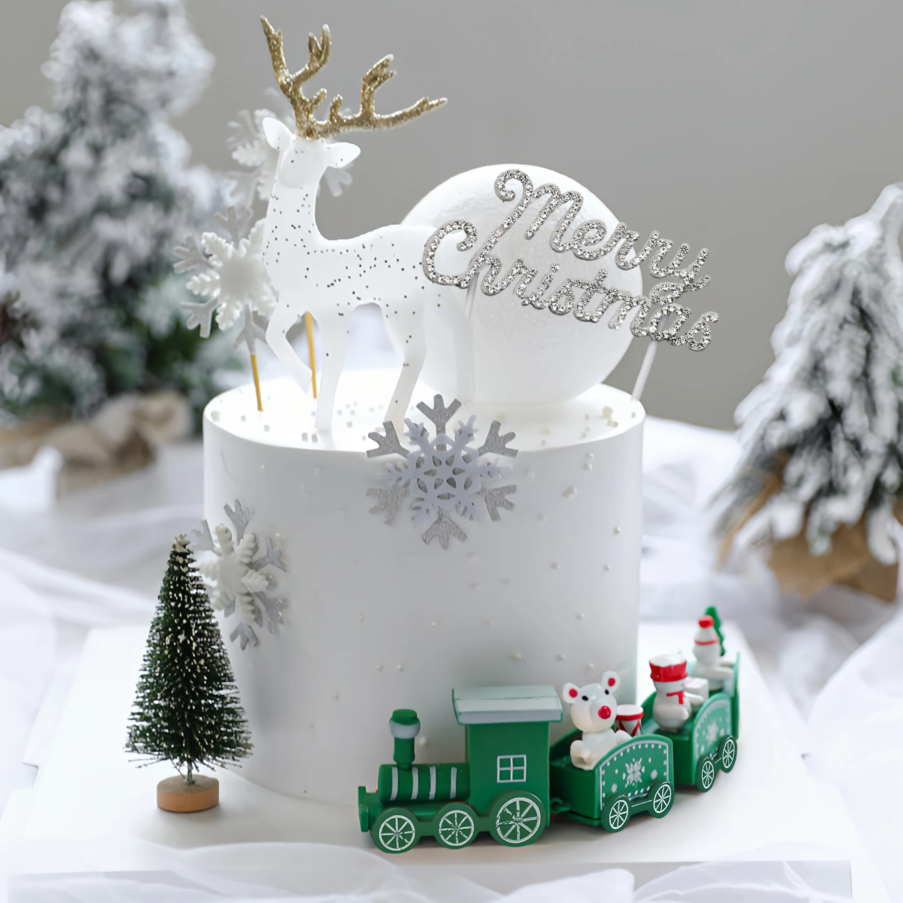 8 Stück/1 Stück Weihnachtsbaum kleiner Zug Schneeflocke Elch Kuchen Topper, für Weihnachten Thema Party DIY Kuchen Dessert Dekoration Set – Detail 2