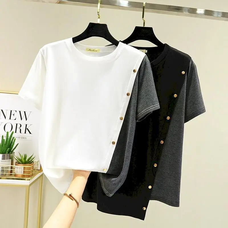 Oversized T Shirt Women Summer Trendy Top Korean Style Irregular Short-sleeved T-shirt Buckle Decoration All-match Casual Tshirt