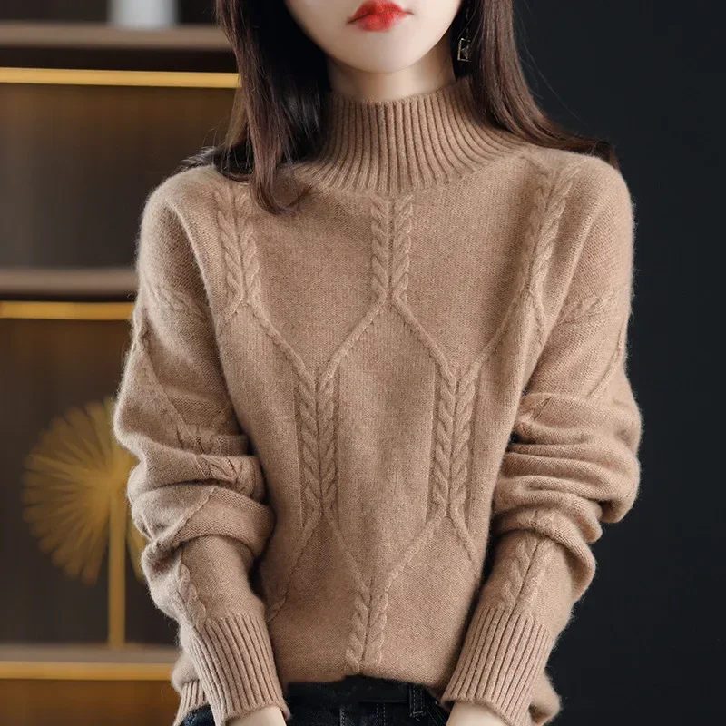 Wool Sweater Women\'s Half-Neck Pullover Loose Knit Bottoming Shirt Autumn Winter Long Sleeves Soft Cashmere Sweater Korean Tops