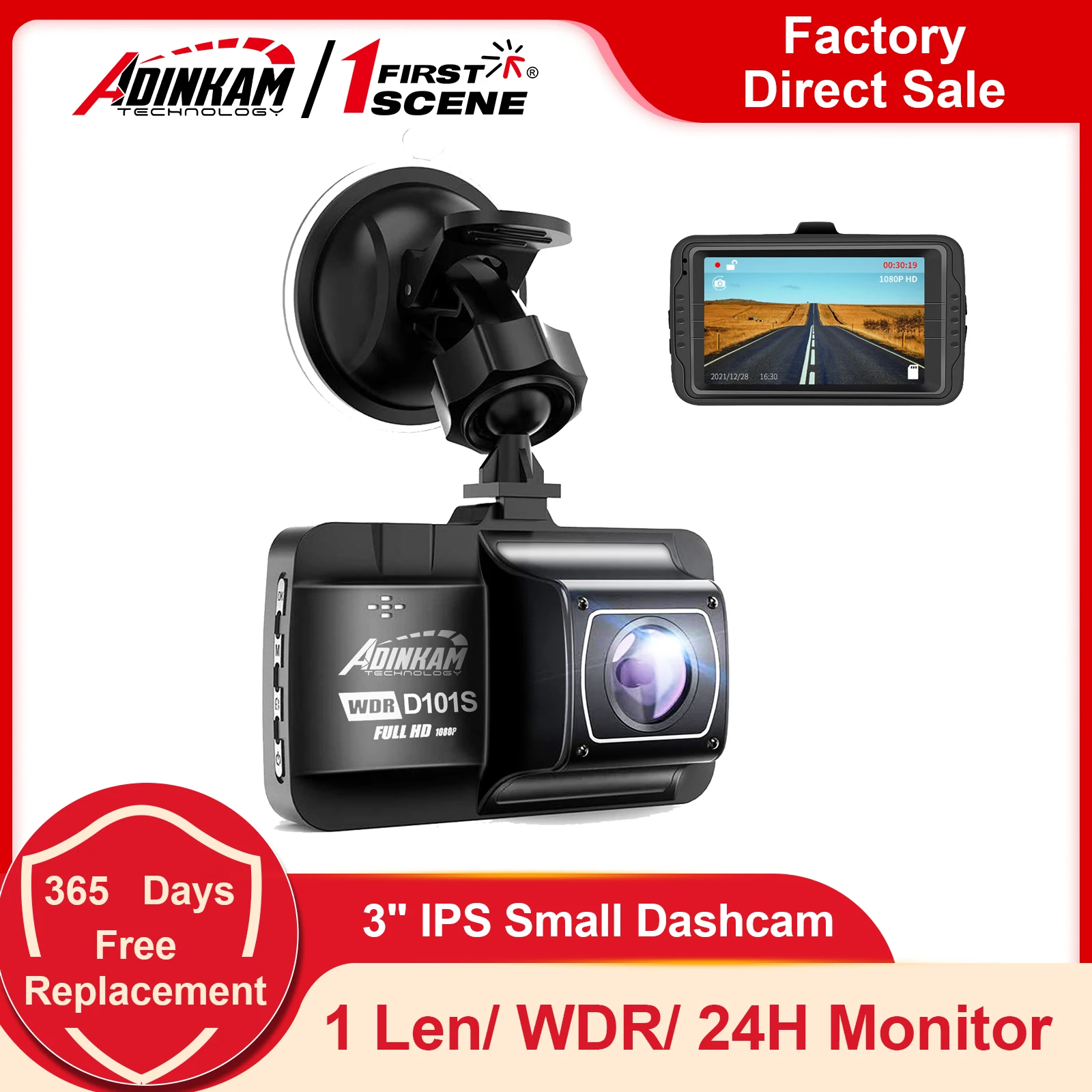 ADINKAM 3 Inch Small Dashcam Single Camera Car DVR FHD 1080P Car Camera Recorder Car Black Box Night Vision Digital with WDR