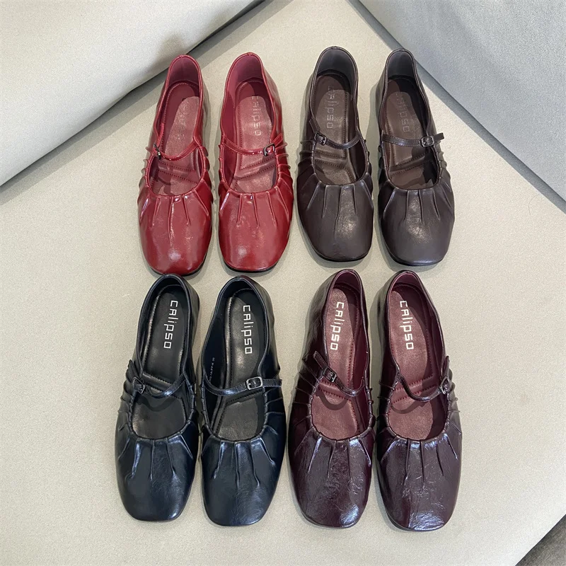 

Плиссированные туфли Мэри Джейн на плоской подошве, женские удобные элегантные красные туфли из искусственной кожи с квадратным носком, женские черные балетки на плоской подошве, новинка