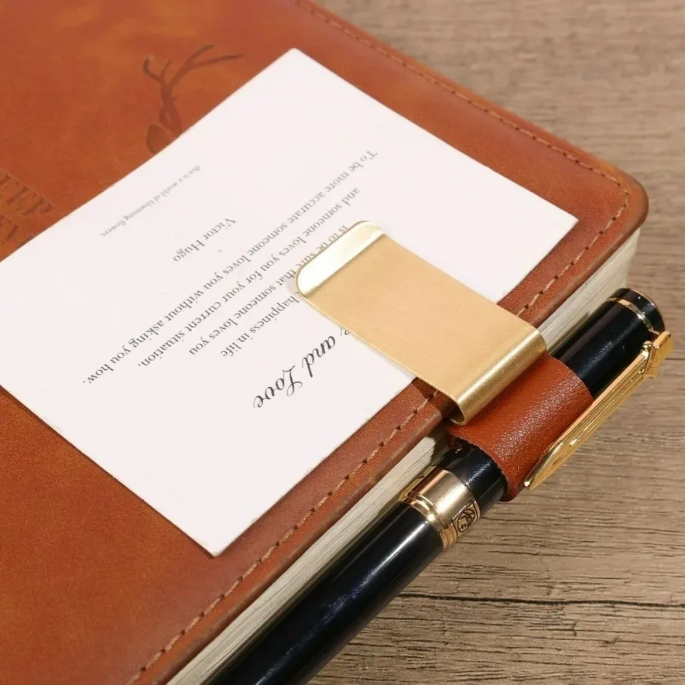 Handgemaakte lederen messing roestvrijstalen pennenhouder Clip Journal Notebook Bladwijzer Papieren map Schrijven Kantoorbenodigdheden Pen Loop