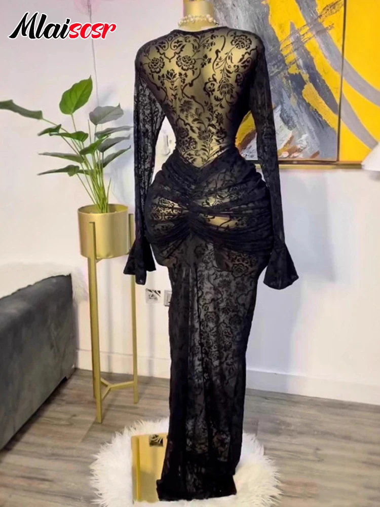 Mlaiscsr 花柄 アフリカ風 長袖 メッシュ重ね着 シースルー 裏地付き ボディコン ロングドレス レディース ブラック イブニング ラグジュアリー セクシー ローブ