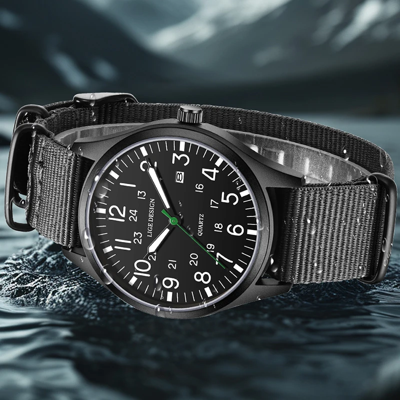 LIGE ساعة رجالية جديدة موضة الأعمال ساعة رجالية العلامة التجارية الفاخرة حزام النايلون العسكرية الرياضة مقاوم للماء ساعات المعصم الكوارتز الرجالية