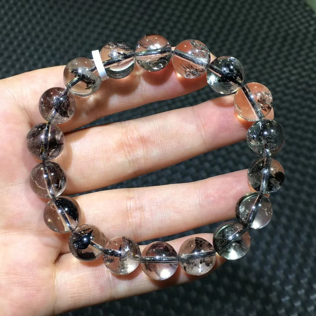 Natural Black Herkimer Diamond Rutilated Quartz Bracelet 11.7mm Gemstone Clear Round Beads For Woman Man Jewelry AAAAAAA