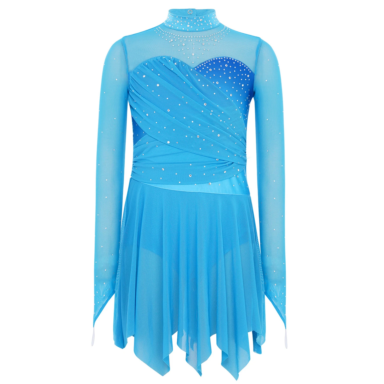 Kids Girls Long Sleeve Rhinestones Sheer Mesh Figure Skating Dress Lyrical Dance Ballet Gymnastics Acrobatics Leotard Dancewear