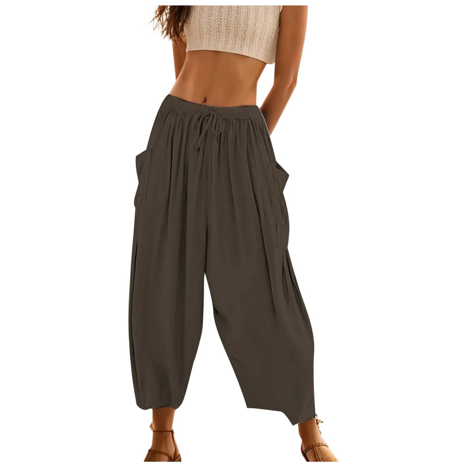 Women's Harem Pants Solid Color Cotton Linen Wide Leg Loose Low Waist Trousers Pocket Casual Outdoor Beach Holiday Female Pants