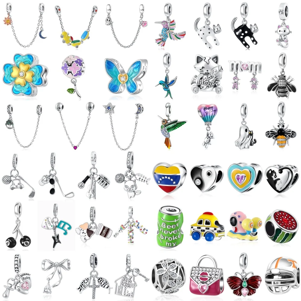 

Новый европейский стиль, серебро 925, черная вишня, весенняя птица, бабочка, кошка, кулон из бисера, браслет S925, женские украшения «сделай сам»