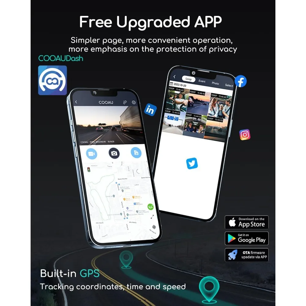 كاميرا COOAU D20 Dual Dash أمامية وداخلها مع بطاقة 256 جيجابايت ونظام تحديد المواقع WiFi، كاميرا داش 2.5K 1080P للسيارات، كاميرا داش كام مثالية لـ U-BER