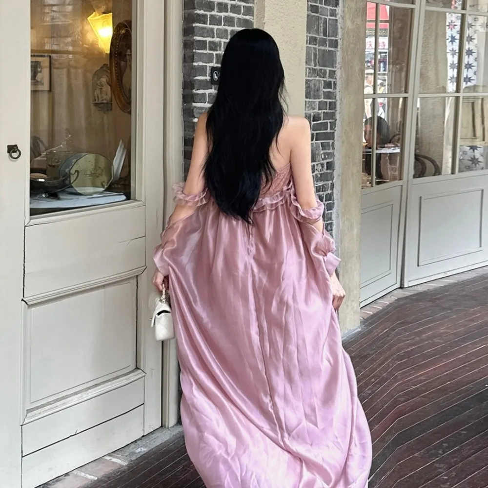 SylCue Ruched Design Wrap Chest Maxi Dresses Loose Fit Long Trailing Bud Skirt French Romantic Style Elegant Fashion Vestidos