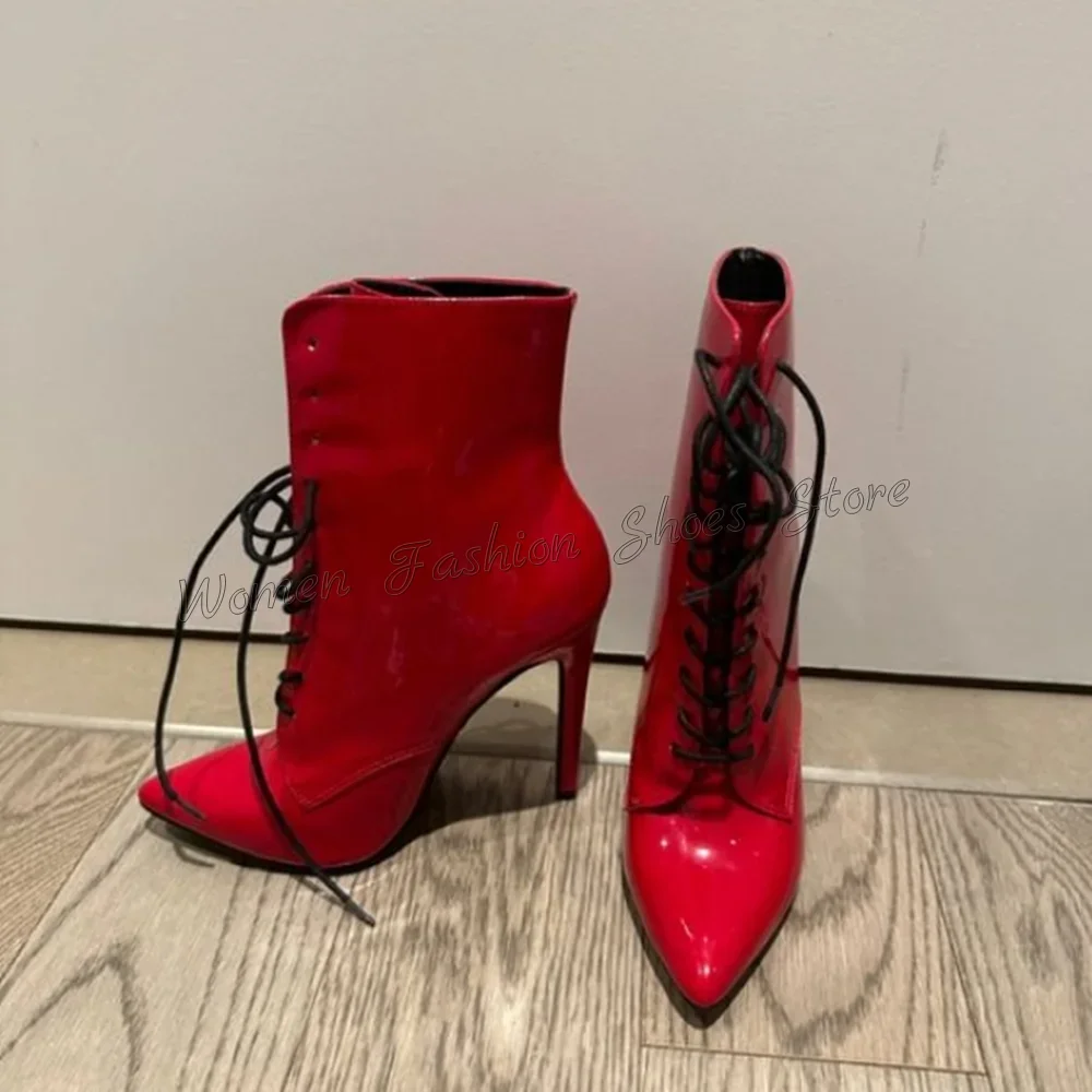 

Red Lace up Ankle Boots Pointed Toe Thin High Heels Patent leather High Heel Shoes for Women Heels 2025 New Zapatos Para Mujere