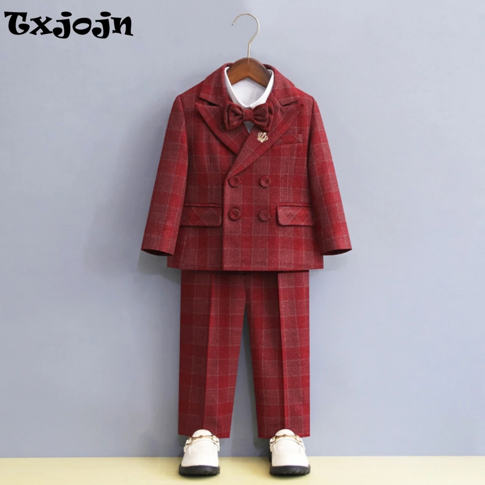 

Txjojn High Quality Boys Plaid Suits Stage Performance Outfit Double Breasted Kids Slim Fit Suit Set Banquet Party Tuxedo