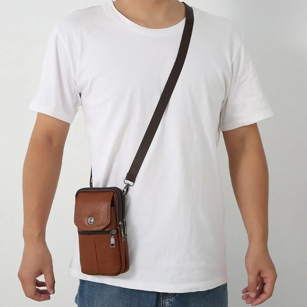 

New Cowhide Leather Messenger Bag Multi-Pockets Solid Color Mobile Phone Pouch Small Chest Bag Male
