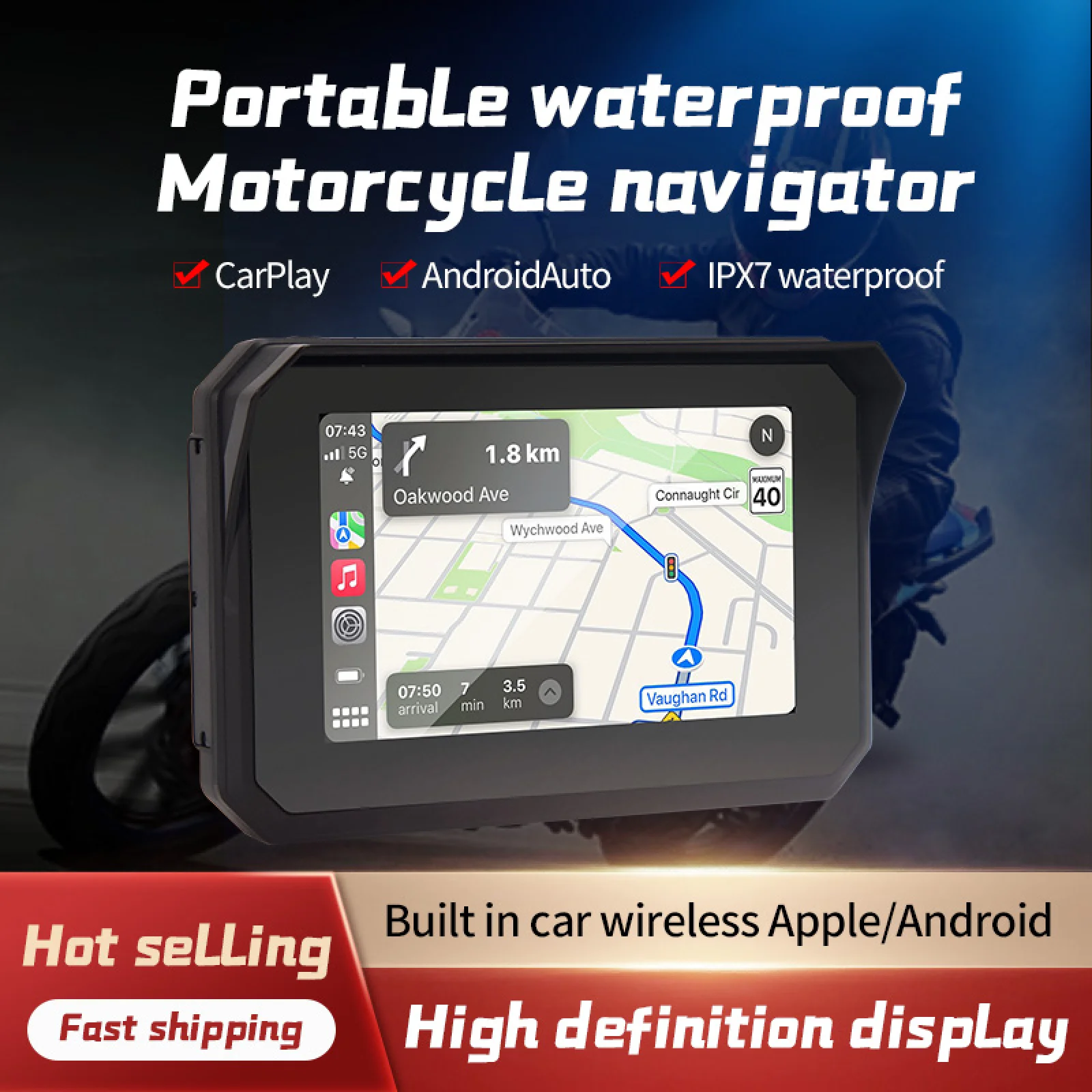 

5 Inch Motorcycle Navigation Wireless Carplay Android Auto IPX7 Waterproof Motorcycle Screen Dual Bluetooth Portable