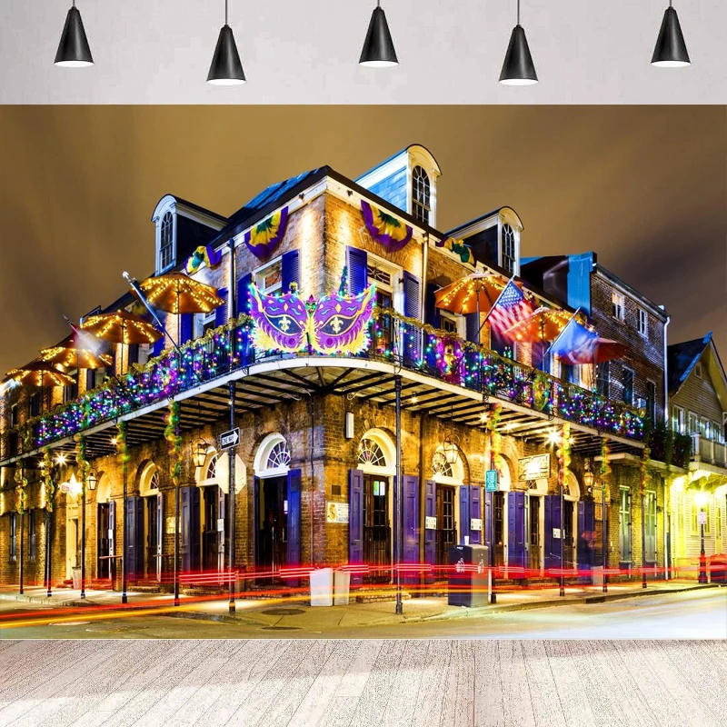 New Orleans Photography Backdrop Night Pubs Bars Colorful Lights USA Landmark Mardi Gras Birthday Party Background Wall Poster