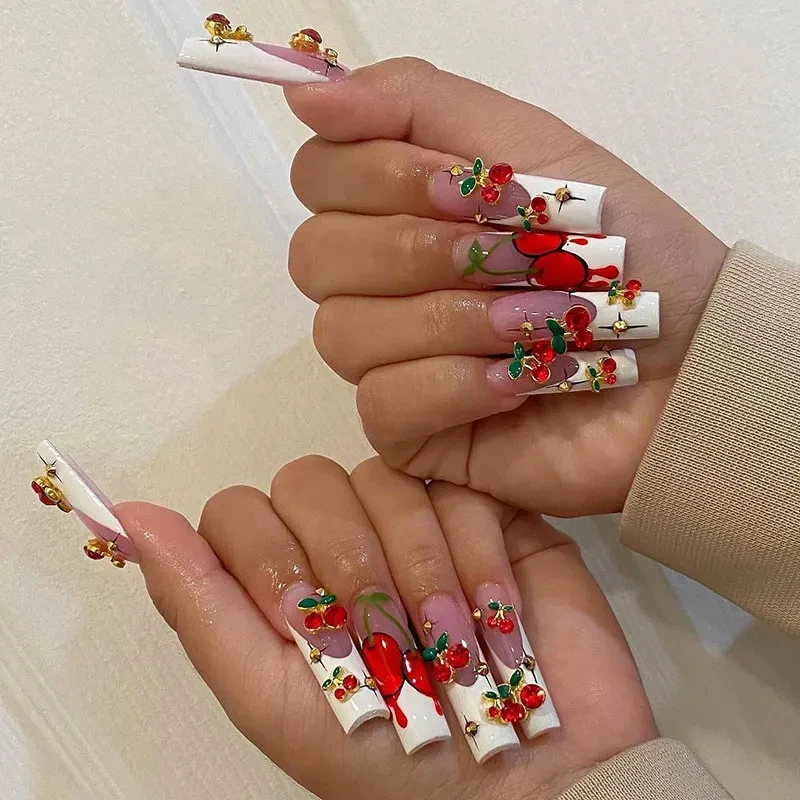 20 sztuk / worek 3D Cherry Design Nail Charms Red Cherry Crystal Rhinestone Nail Gems Glitter Diamond Stud Fruit Nail Art Decoration