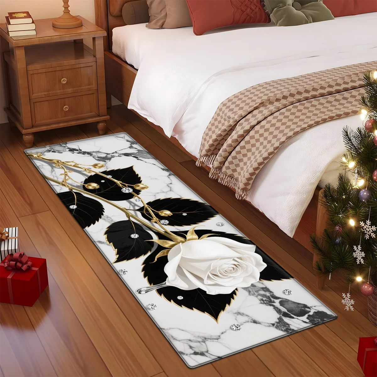 Marble White Rose Bedroom Runner Rug  Golden Stem Black Leaf Rhinestone Print Non Slip Waterproof Luxury Long Floor Mat