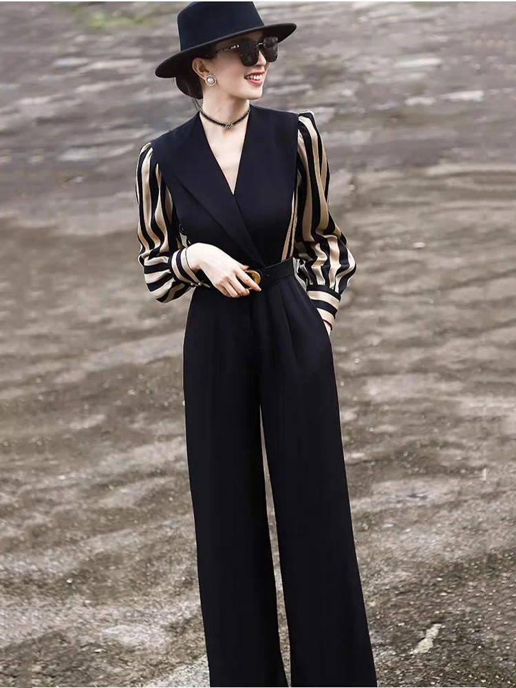 

Fashion Office Lady Patchwork Jumpsuit Women Spring Autumn High Waist Striped Jumpsuits Combinaison Femme Elegant Overalls