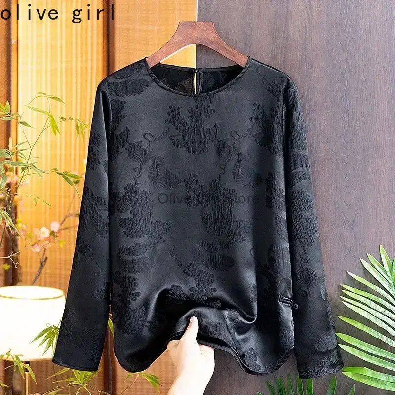 Embroidered Shirt Cheongsam Top Traditional Chinese Retro Black Blouse Spring Autumn High-end Women's Clothing Loose Long Sleeve