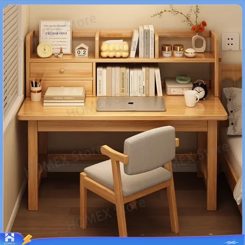Solid wood desk and bookshelf integrated table - suitable for students and families for studying and writing. Simple desk