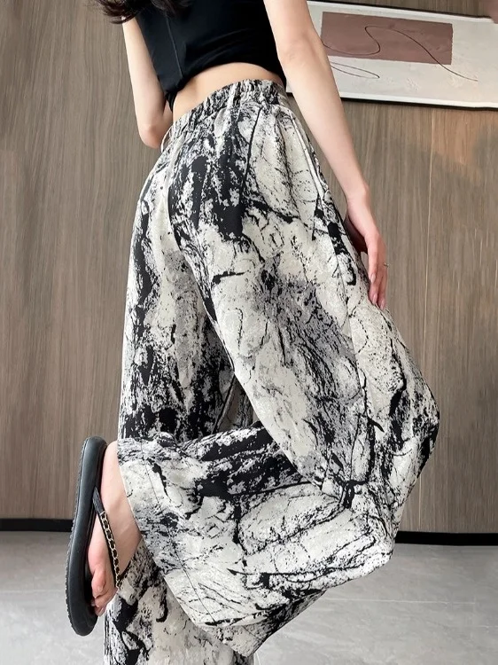 

Брюки с высокой талией, прямые, широкие, из ледяного шелка, с эффектом тай-дай, с китайским узором «водная роспись», тонкие, весенне-летние, повседневные