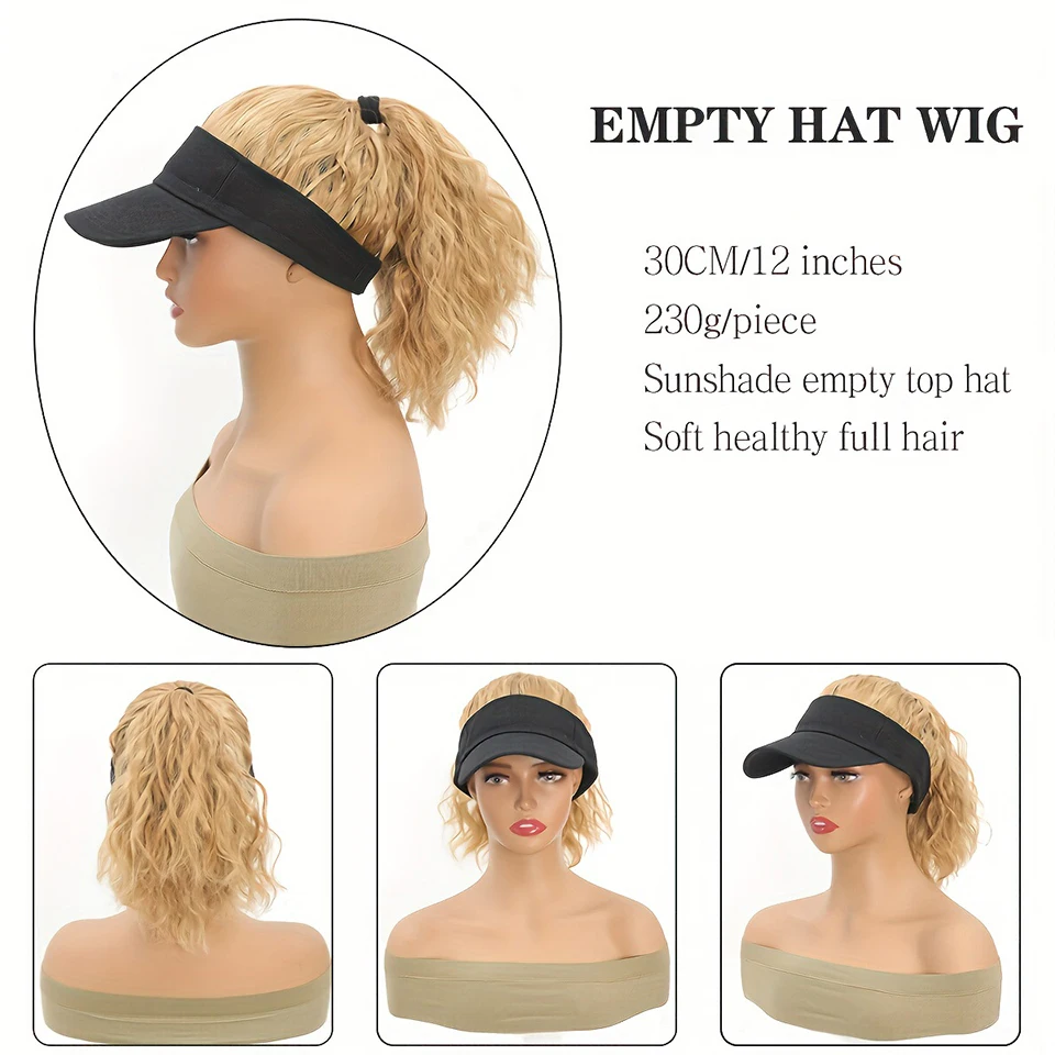 Synthetic 12 inch Women's Water Ripple Wig Cap Adjustable Black Baseball Cap Wig Suitable for Women's Daily Wear