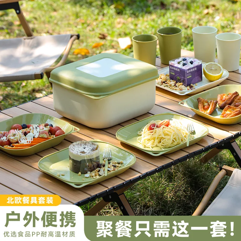 

Ins Outdoor Picnic Box Multi functional Camping Cookware Bento Box Afternoon Tea Dessert Cake Plate Set