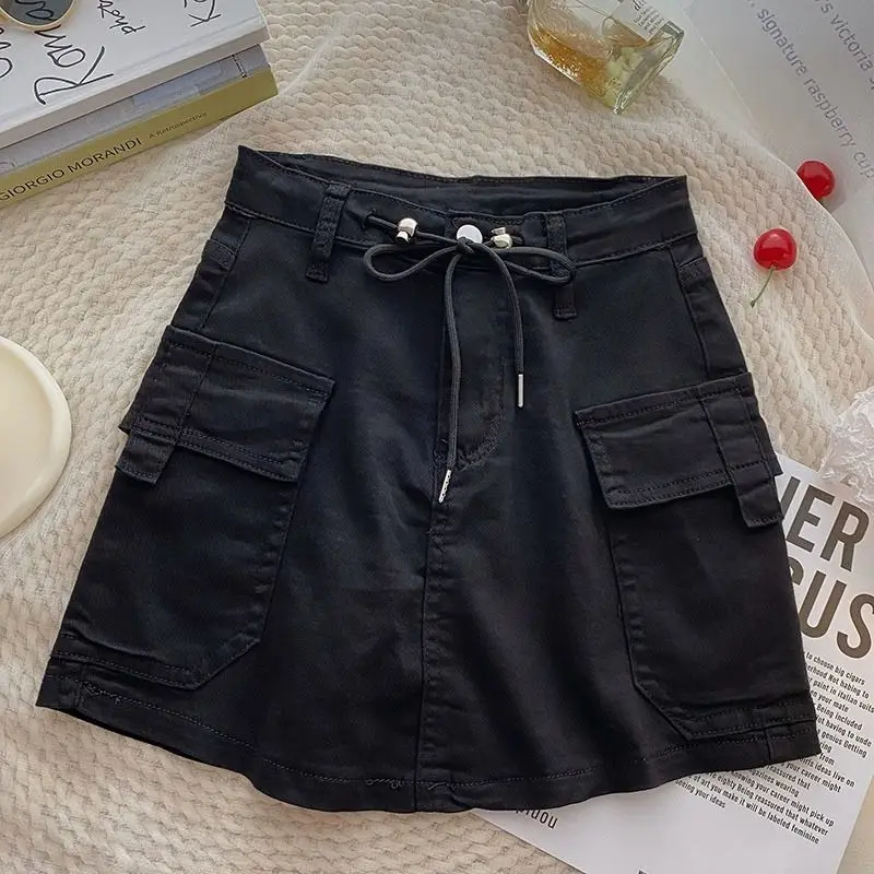 

Черная джинсовая мини-юбка с поясом и двумя карманами, в корейском ретро-стиле, универсальная, летняя, для женщин