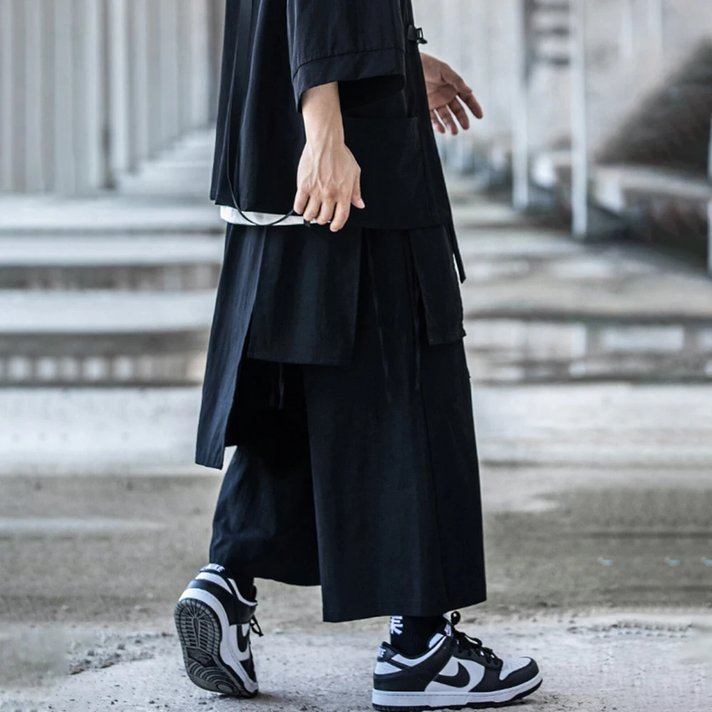 Mens Dark Layered Patchwork Casual Skirt Pants Streetwear Fashion Niche Japanese Gothic Punk Samurai Wide Leg Pants Men'S Wear