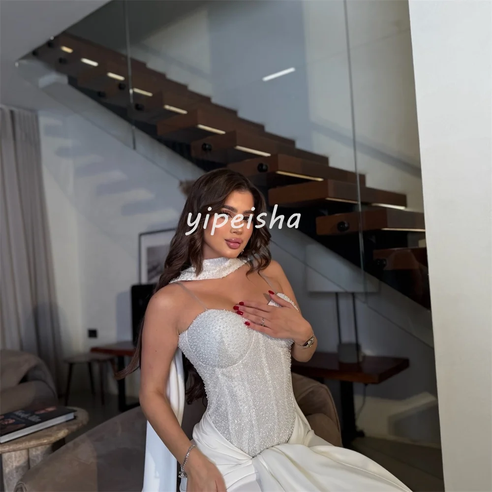 맞춤형 매칭 섹시한 저지 플리츠 주름 장식 비즈 장식 스팽글 장식 A라인 스트랩리스 롱 드레스 맞춤형 행사 드레스 정교한