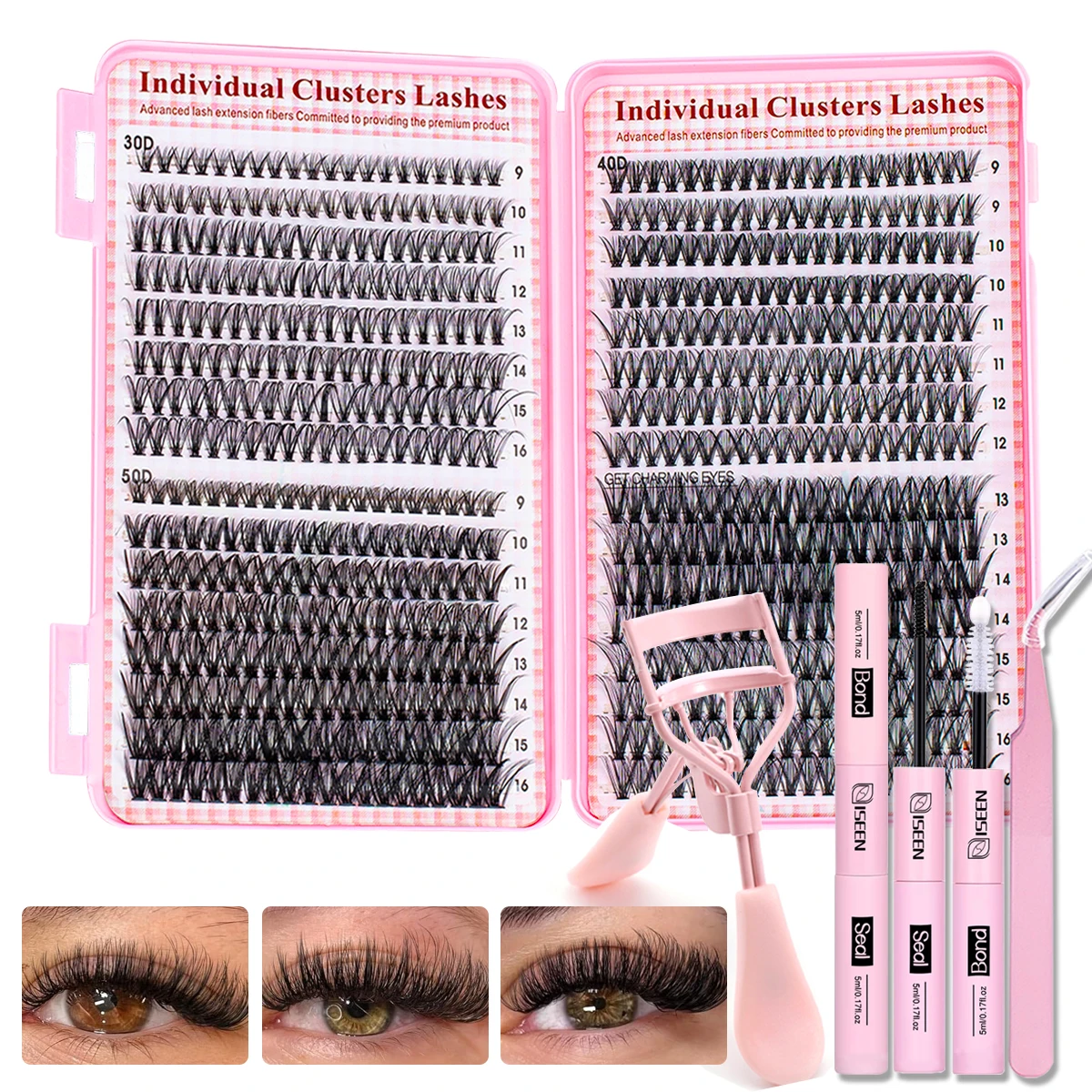 DIY Eyelash Extensions Large Capacity 9-16mm Soft Natural Eyelash Clusters With Tweezers, Bond And Seal Eyelash Curler