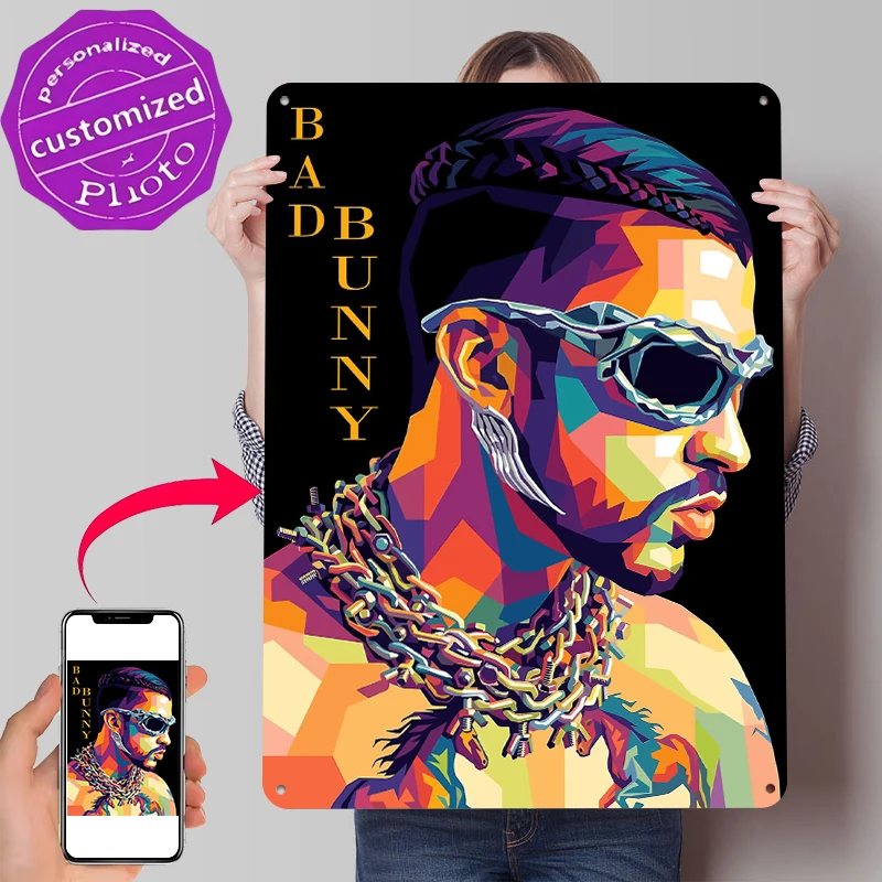Bad Bunny Pop-Art-Porträt Metallposter Individualisierte Wandkunst Retro Vintage Blechschilder zur Dekoration Schlafzimmer Raumdekoration
