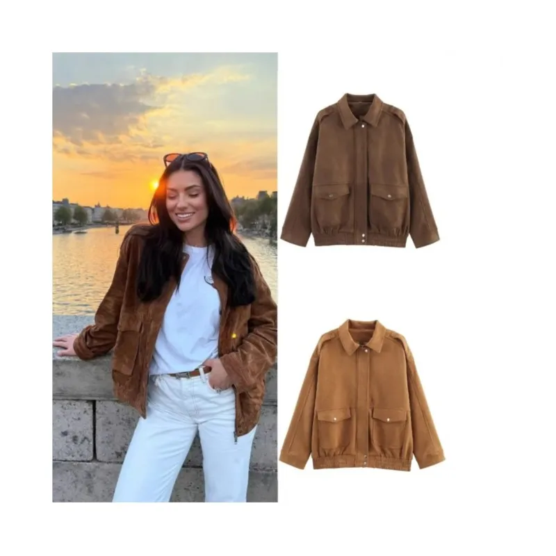 

Осень-зима женская замшевая свободная куртка модная молния с длинными рукавами отложным воротником простое женское пальто женские топы