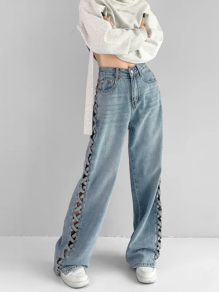 New Summer Fashion Design Side Hollow Out Wide Legged Jeans Korean Style Streetwear Women's High Waist Slim Ripped Denim Pants