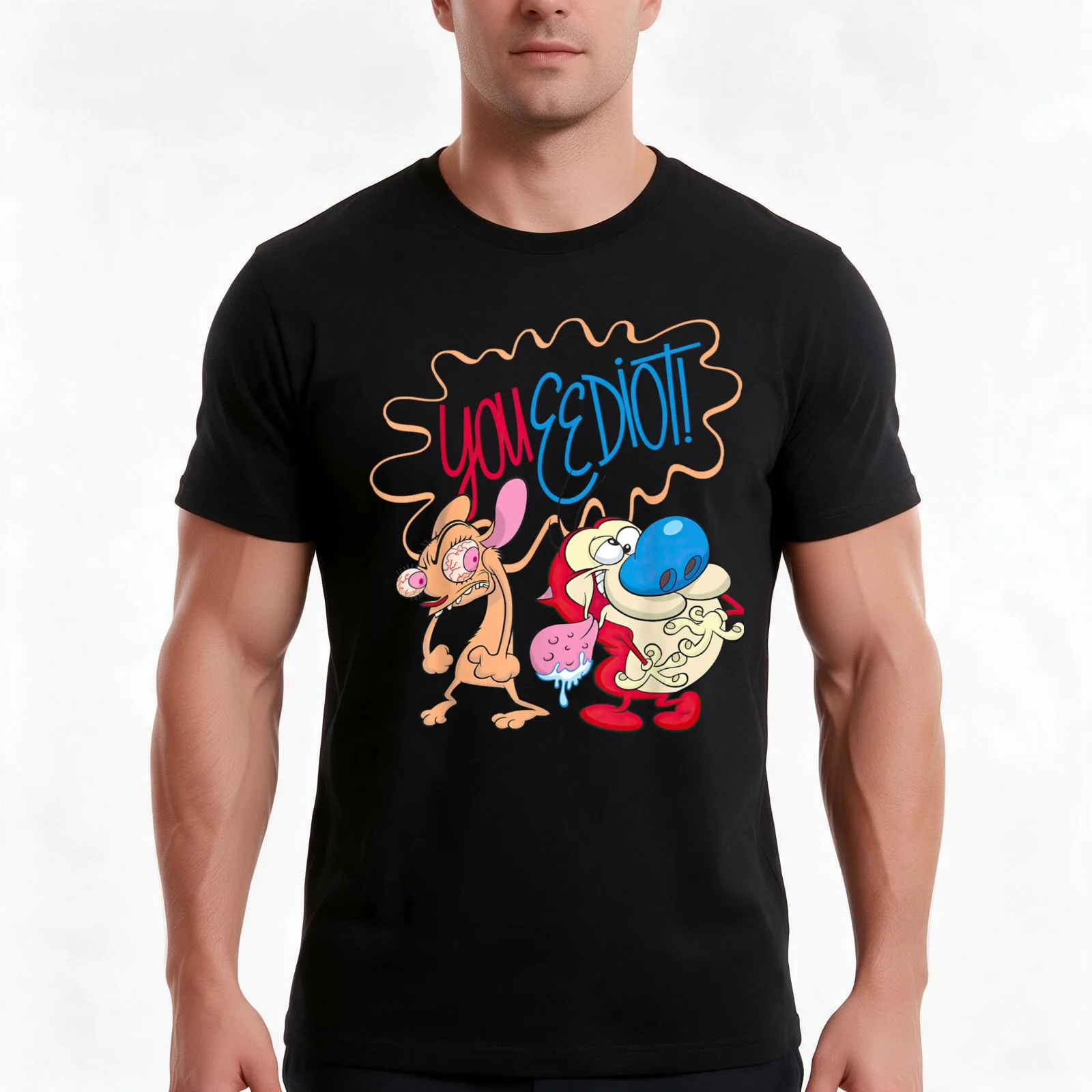 Ren and Stimpy You Eediot T-Shirt, Summer Casual Cotton Tee, Oversized Streetwear Tops, Vintage Graphic Print, Unisex Men Women