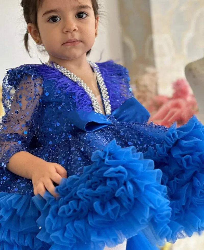 Robe de demoiselle d'honneur bleu royal pour mariage, col en V, manches longues, robe de fête de Noël, robe d'anniversaire pour enfants avec longue queue, luxe