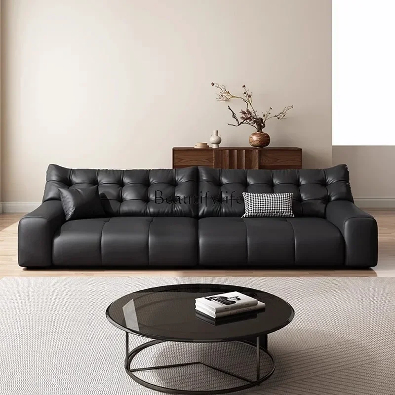 

*Italian minimalist large black bear sofa sofa first layer cowhide high backrest black