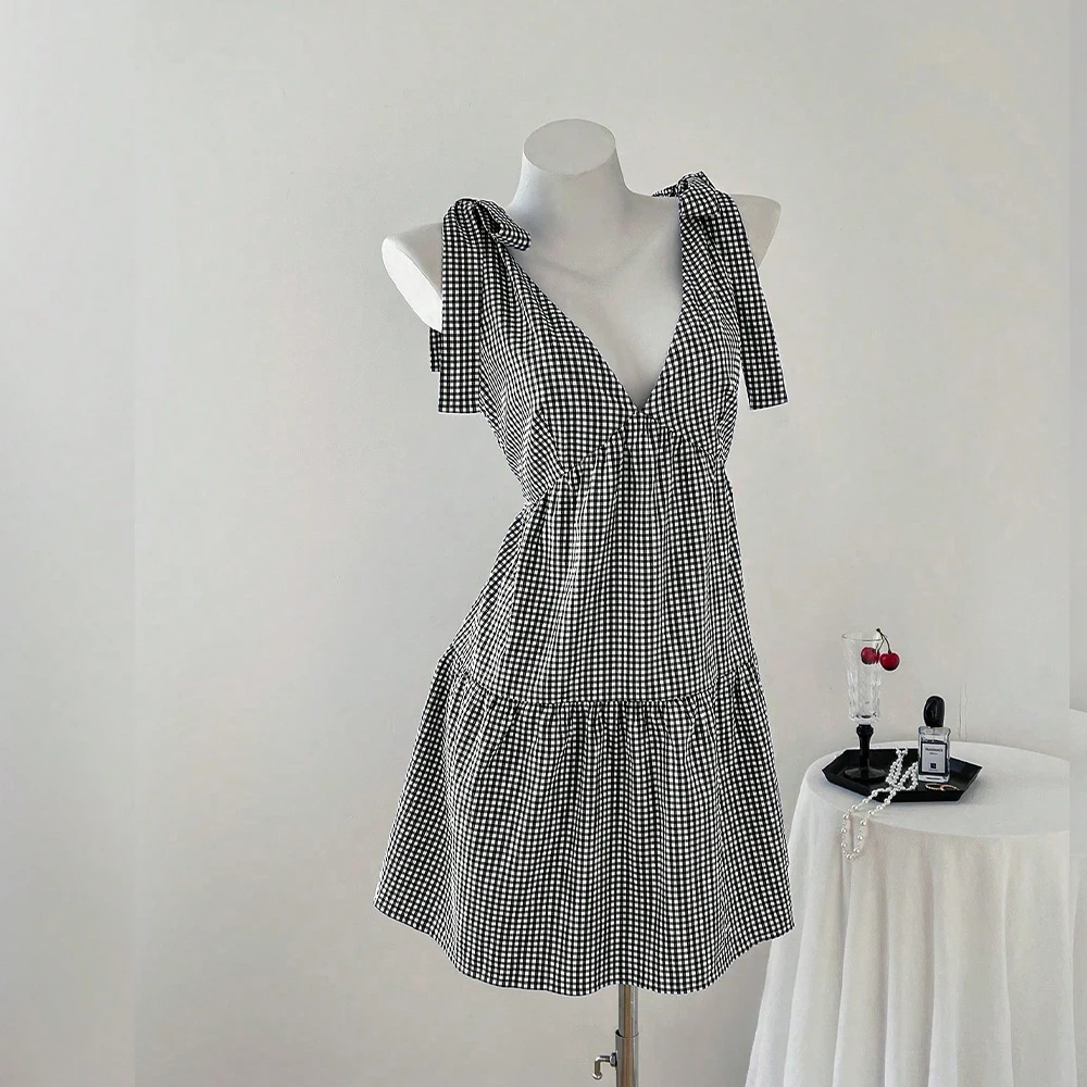 Spring/summer New Women's Casual Wrap Tank Top V-Neck Harajuku Casual Comfortable Breathable Cute Checkered Dress Japan Sweet 6