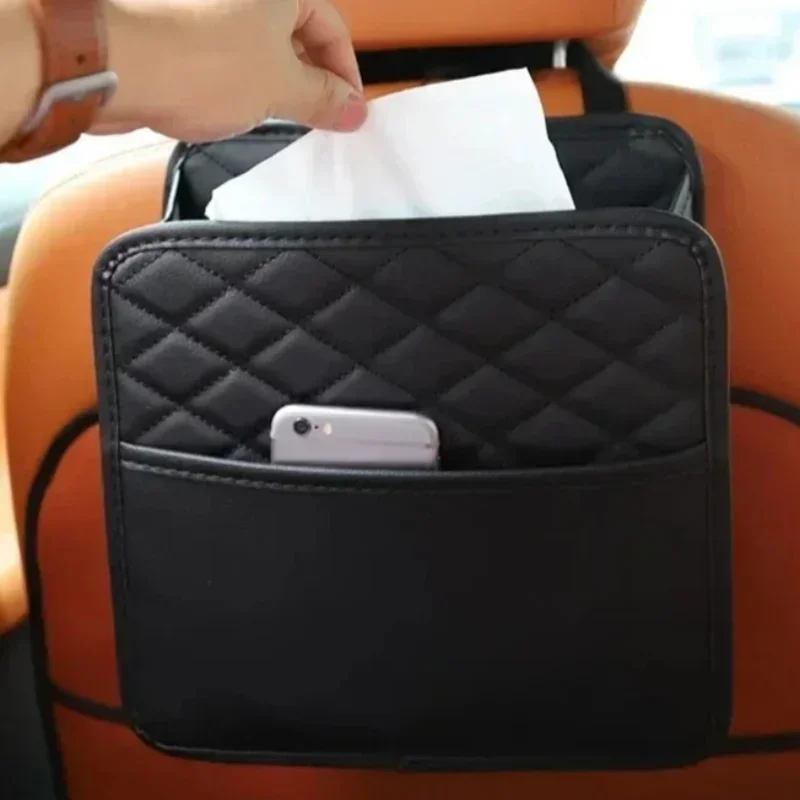 General Motors Seat Back Storage Box-Diamond Pattern PU Leather Hanging Organizer-Portable Large-Capacity Garbage Storage Bag