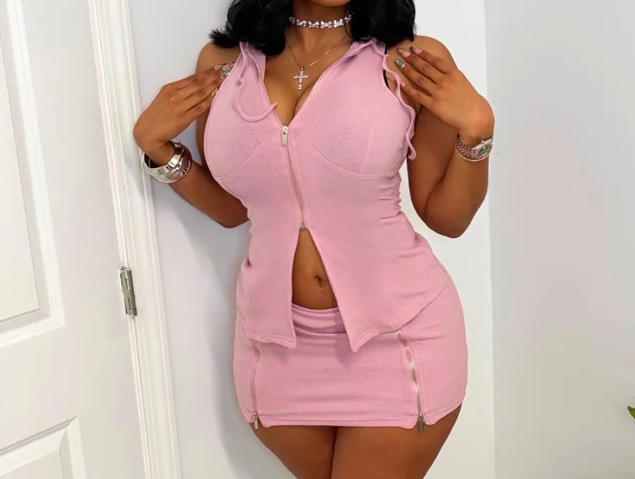 

Two Piece Set Women Outfit 2026 Spring Summer New Solid Color Half Zipper Design Hooded Vest Top & High Waist Mini Skirt Set