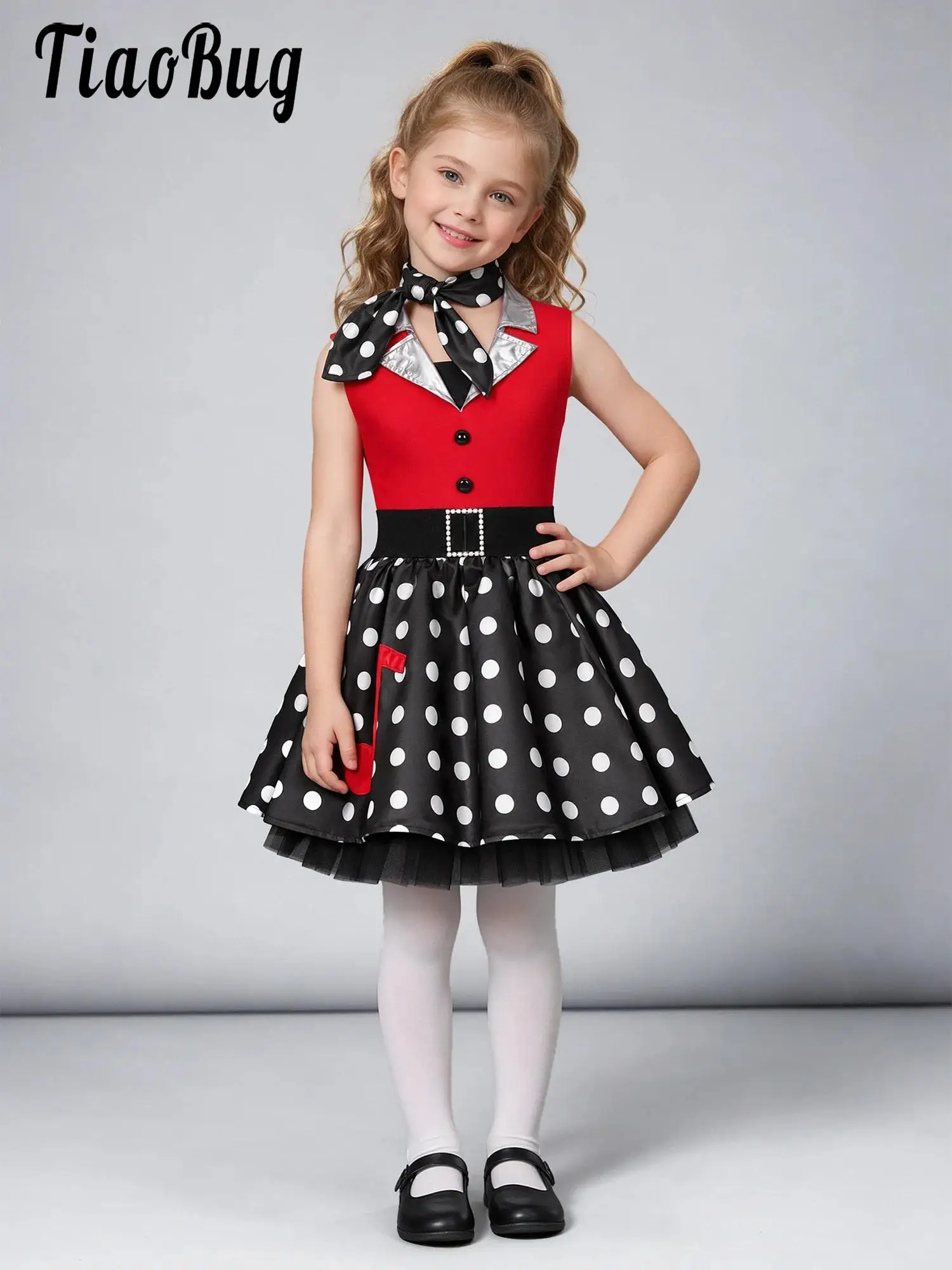 Kids Girls 50s Retro Vintage Dot Dress Outfit Lapel Collar Sleeveless Tutu Dress with Neck Scarf for Party Halloween Dress-up